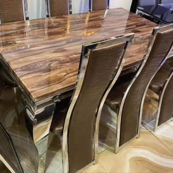 Ensemble Table à Manger Effet Marbre Brun & Chromé - 8 Places
